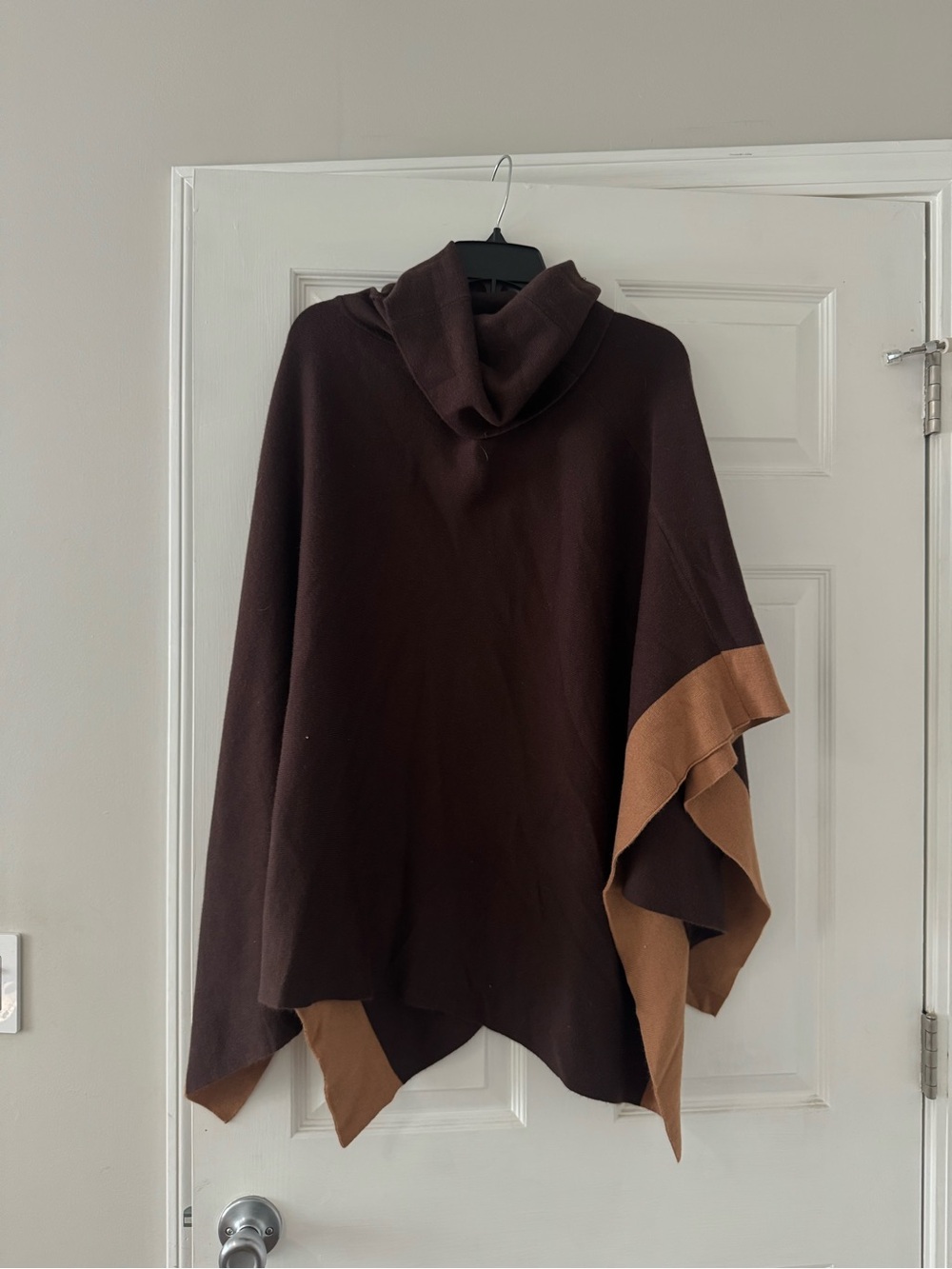 LOFT Women's Dark Brown Turtleneck Poncho with Tan Trim